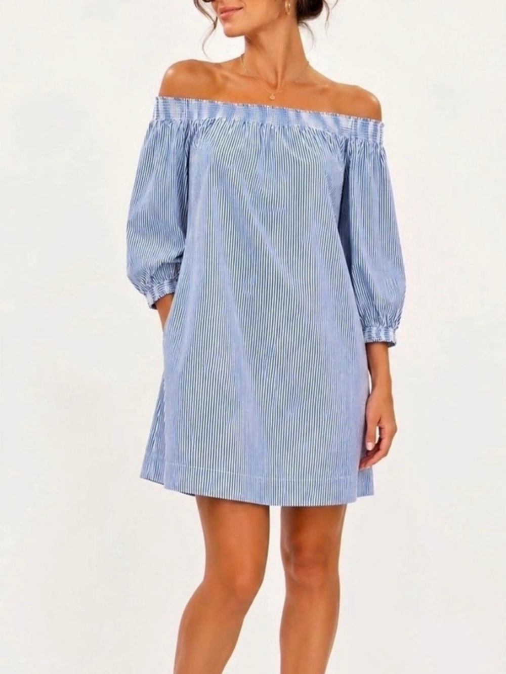 Trina Turk Striped Off-Shoulder Mini Dress in Blue & White